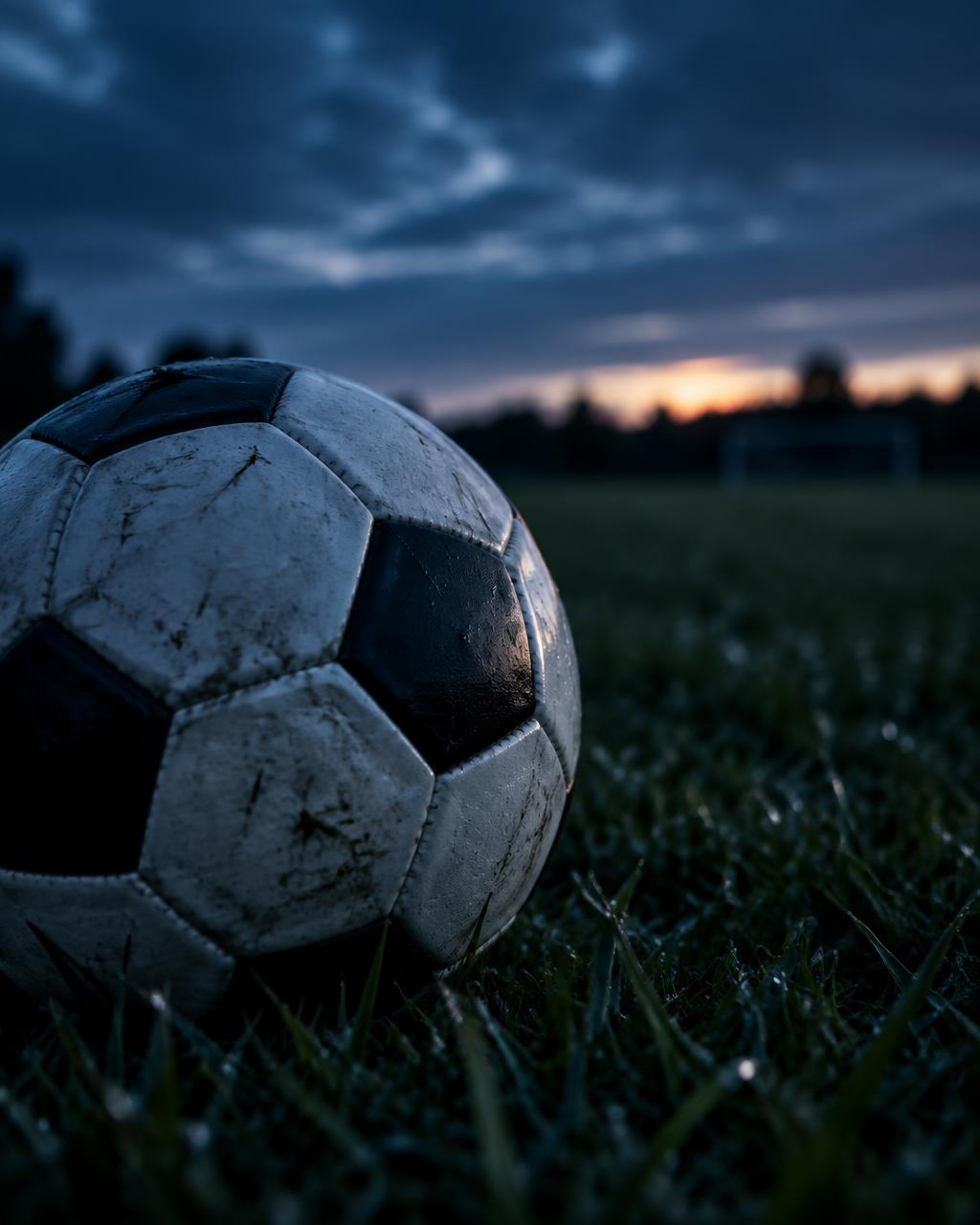 Soccer ball on the pitch at dusk